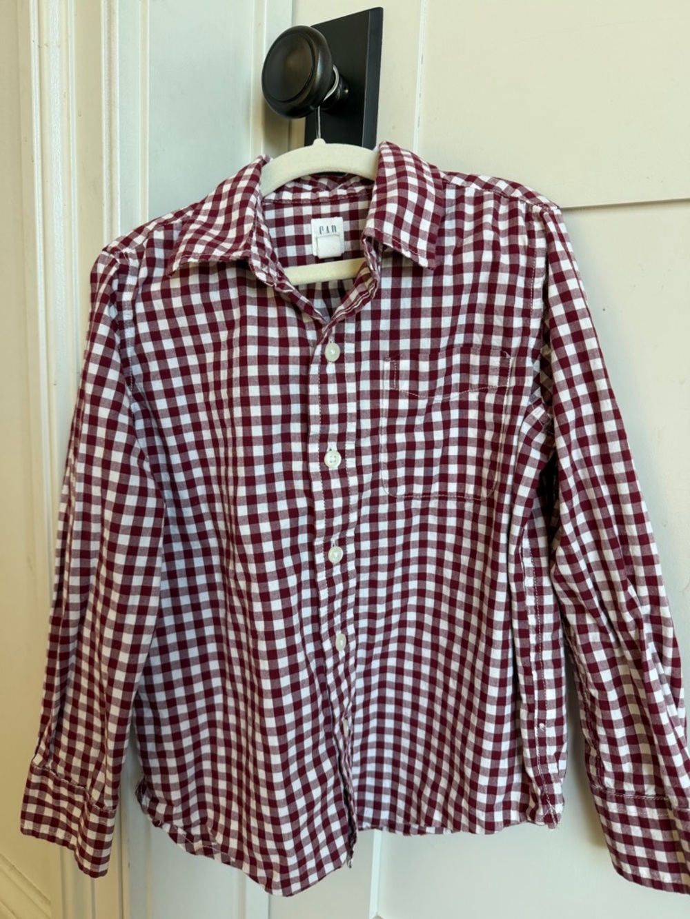GAP boys Maroon and White Gingham Button-Down Shirt